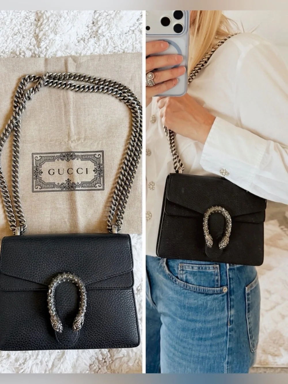 GUCCI Dollar Calfskin Crystal Dionysus Black chain crossbody shoulder bag
